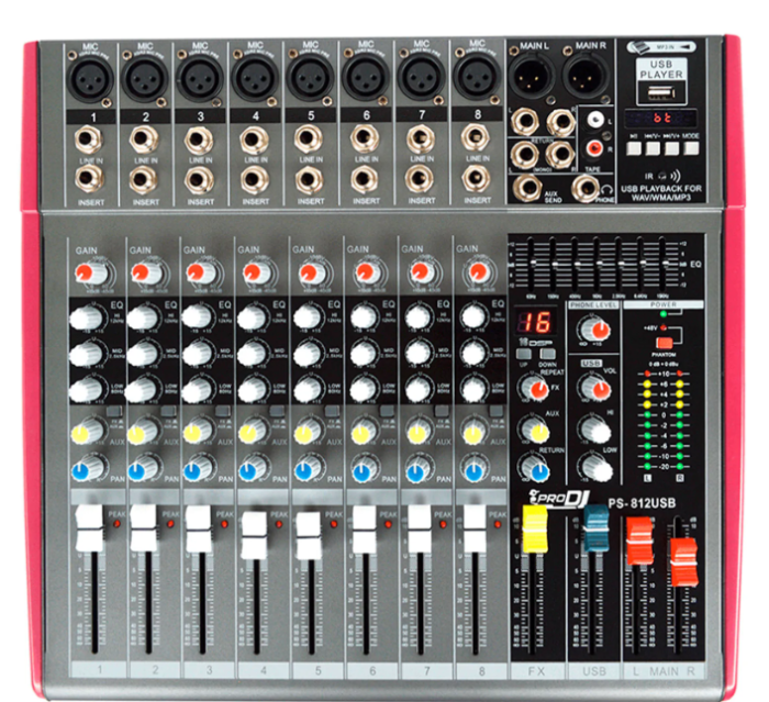 PS-812USB PRO DJ Consola activa de 8 entradas hìbridas